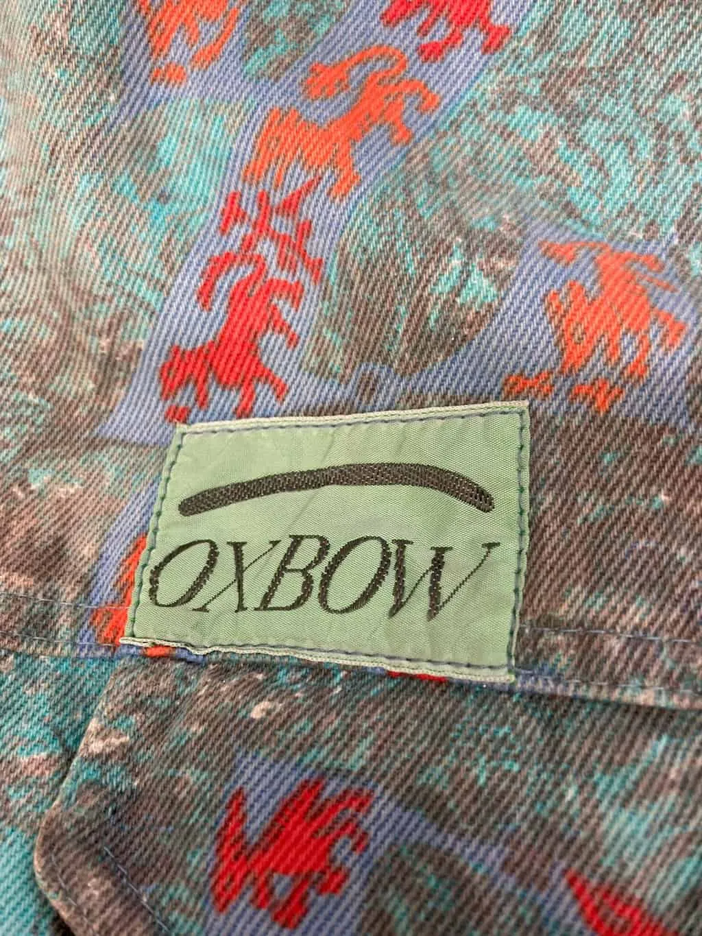 Vintage 90s Oxbow jean jacket with crazy print denim and lining. Made in France – Medium / Large