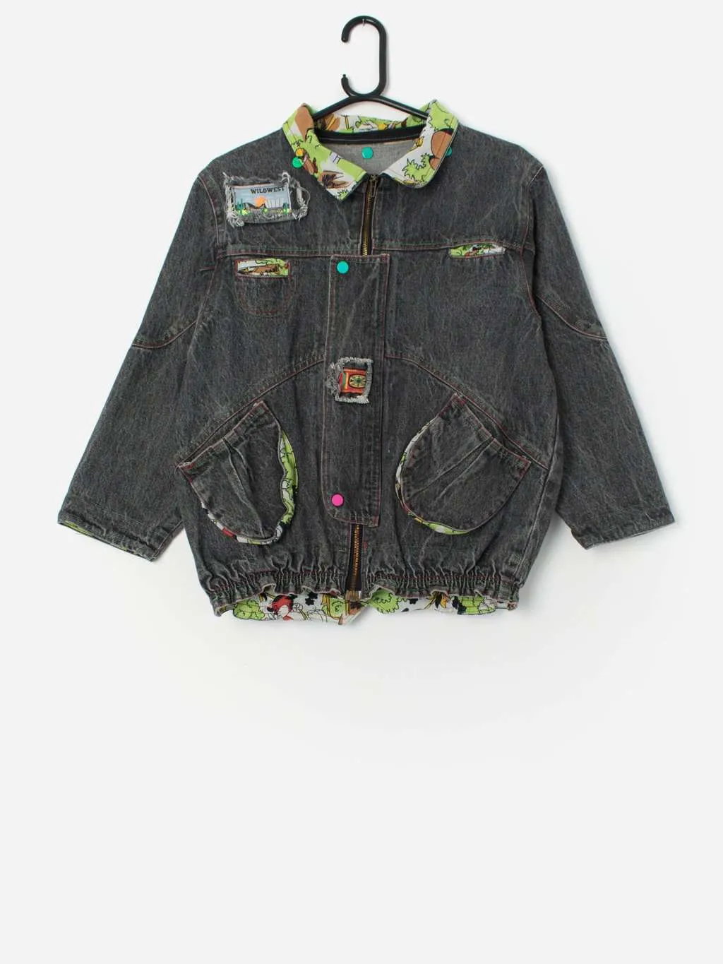 Vintage grey denim jacket with colourful patches – XS