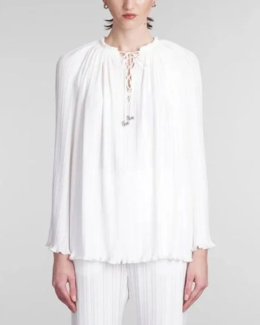 White Pleated Long Sleeve Blouse