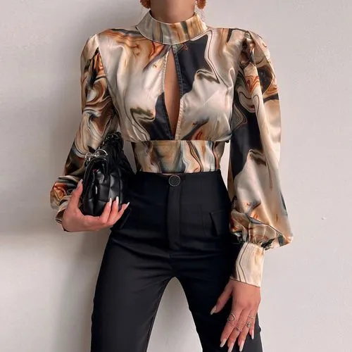 Women's Blouse Long Sleeve Blouses Hollow Out Backless Y2k Sexy Leopard