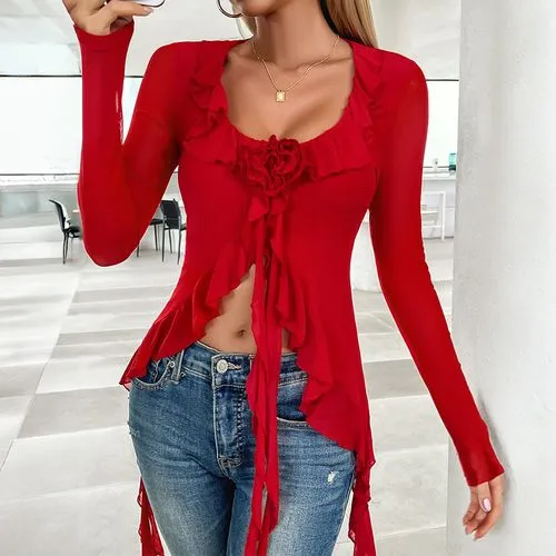 Women's Crop Top Long Sleeve Blouses Y2K Sexy Solid Color Flower