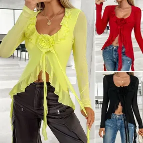 Women's Crop Top Long Sleeve Blouses Y2K Sexy Solid Color Flower