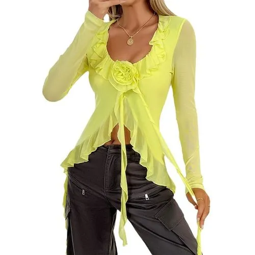 Women's Crop Top Long Sleeve Blouses Y2K Sexy Solid Color Flower