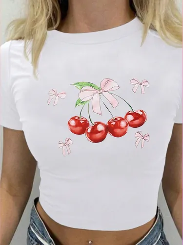 Women's T-shirt Short Sleeve T-Shirts Printing Bowknot Y2K Cherry Bow Knot