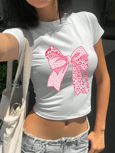 Women's T-shirt Short Sleeve T-Shirts Printing Y2K Letter Bow Knot