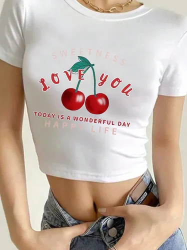 Women's T-shirt Short Sleeve T-Shirts Printing Y2K Letter Cherry