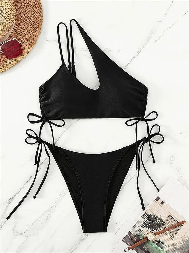 Women's Sexy Solid Black Cut Out Bandage Cross One Shoulder Bikini Set