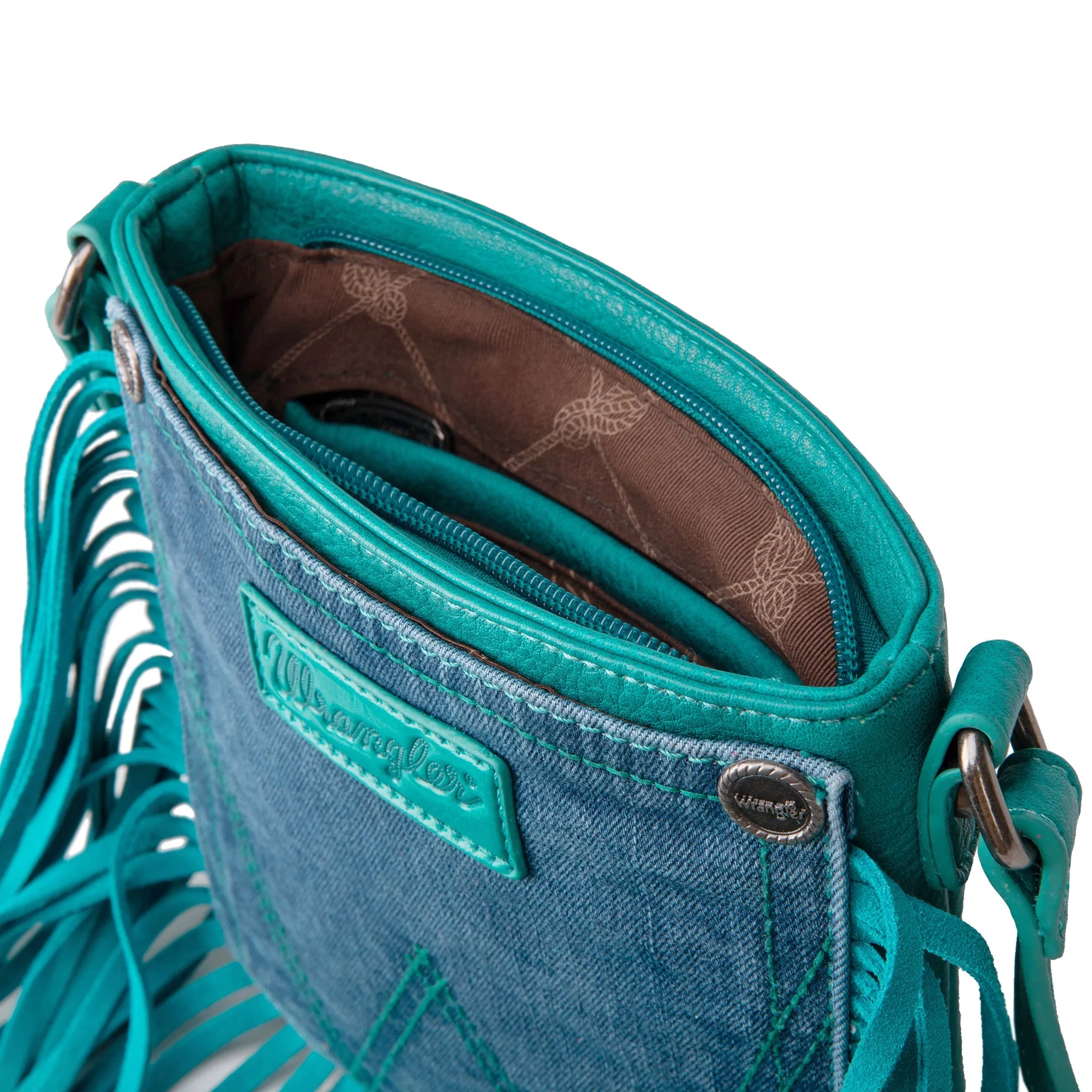 Wrangler Fringe Denim Crossbody in Turquoise