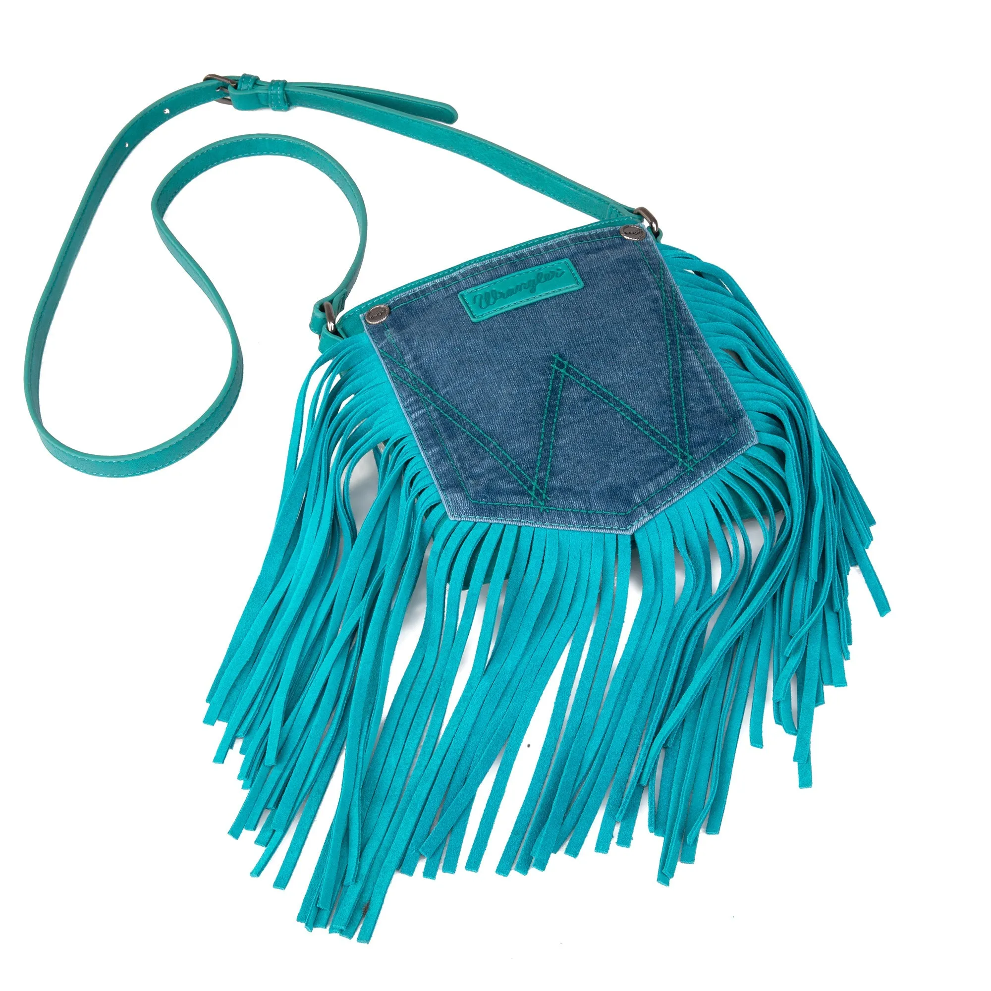 Wrangler Fringe Denim Crossbody in Turquoise