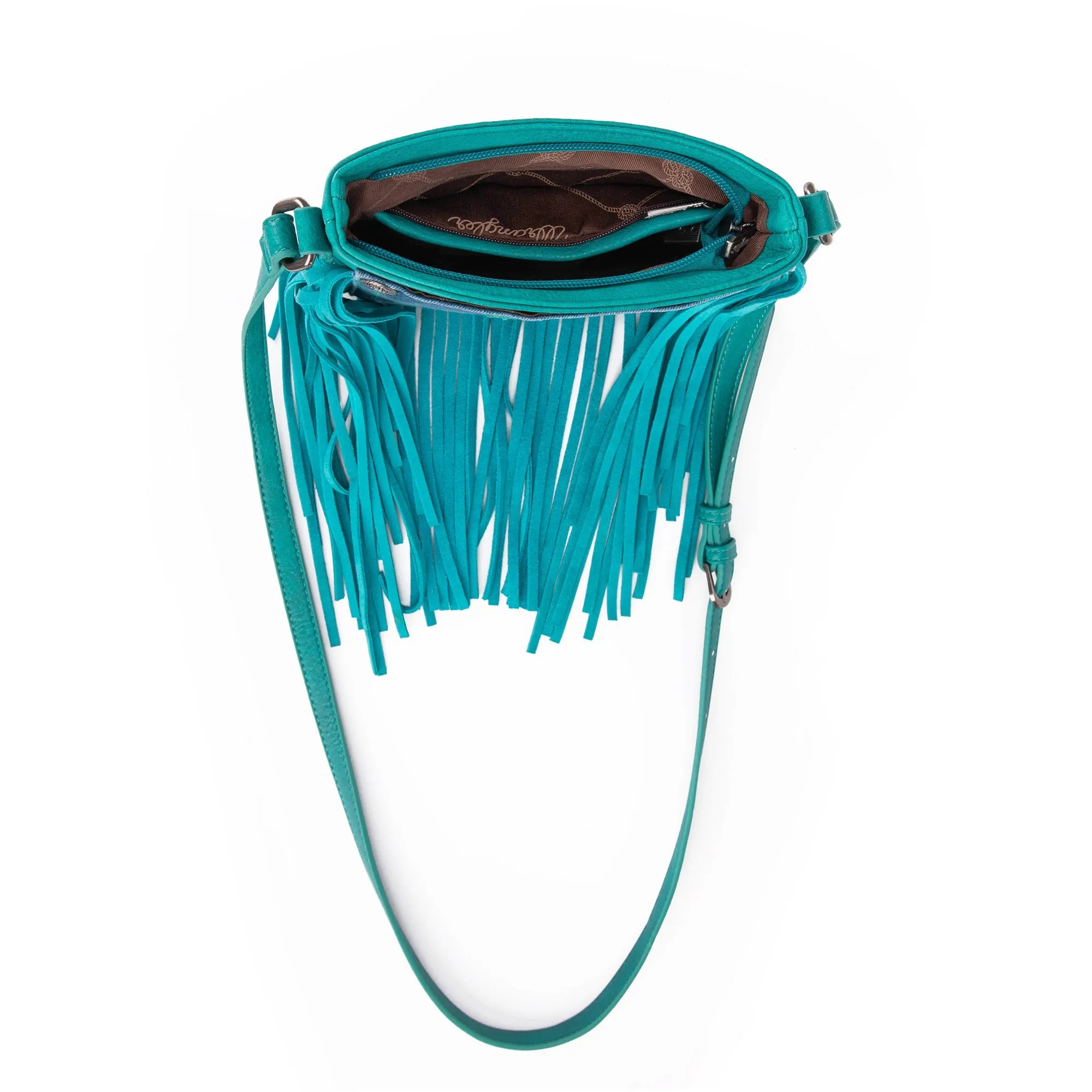 Wrangler Fringe Denim Crossbody in Turquoise