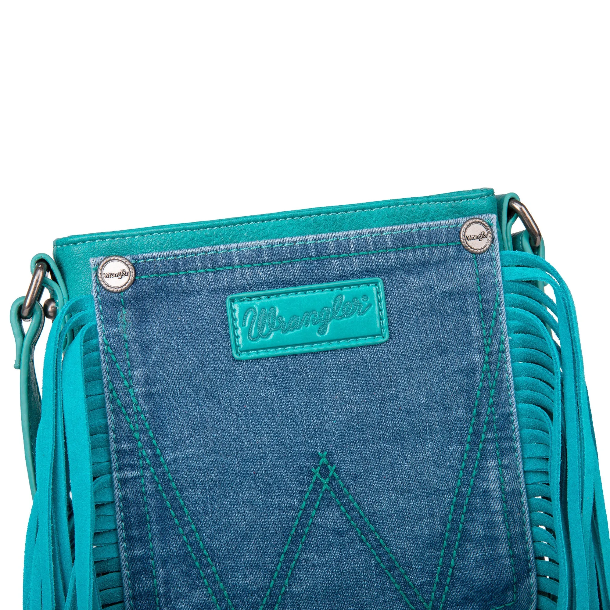 Wrangler Fringe Denim Crossbody in Turquoise