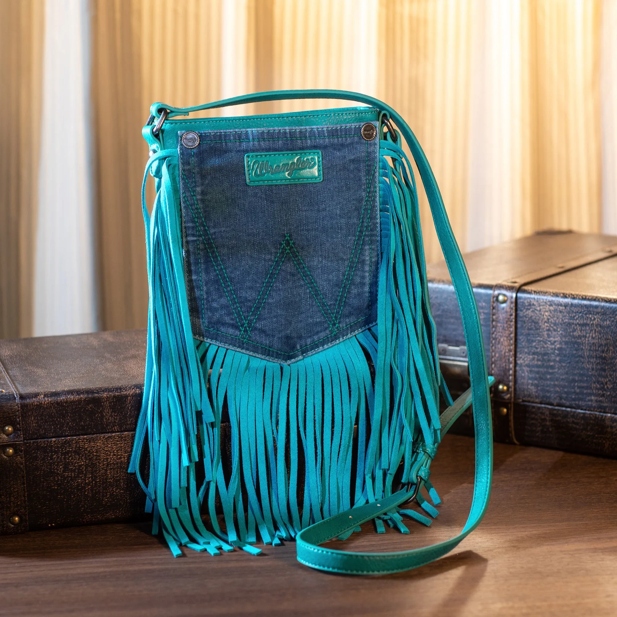 Wrangler Fringe Denim Crossbody in Turquoise