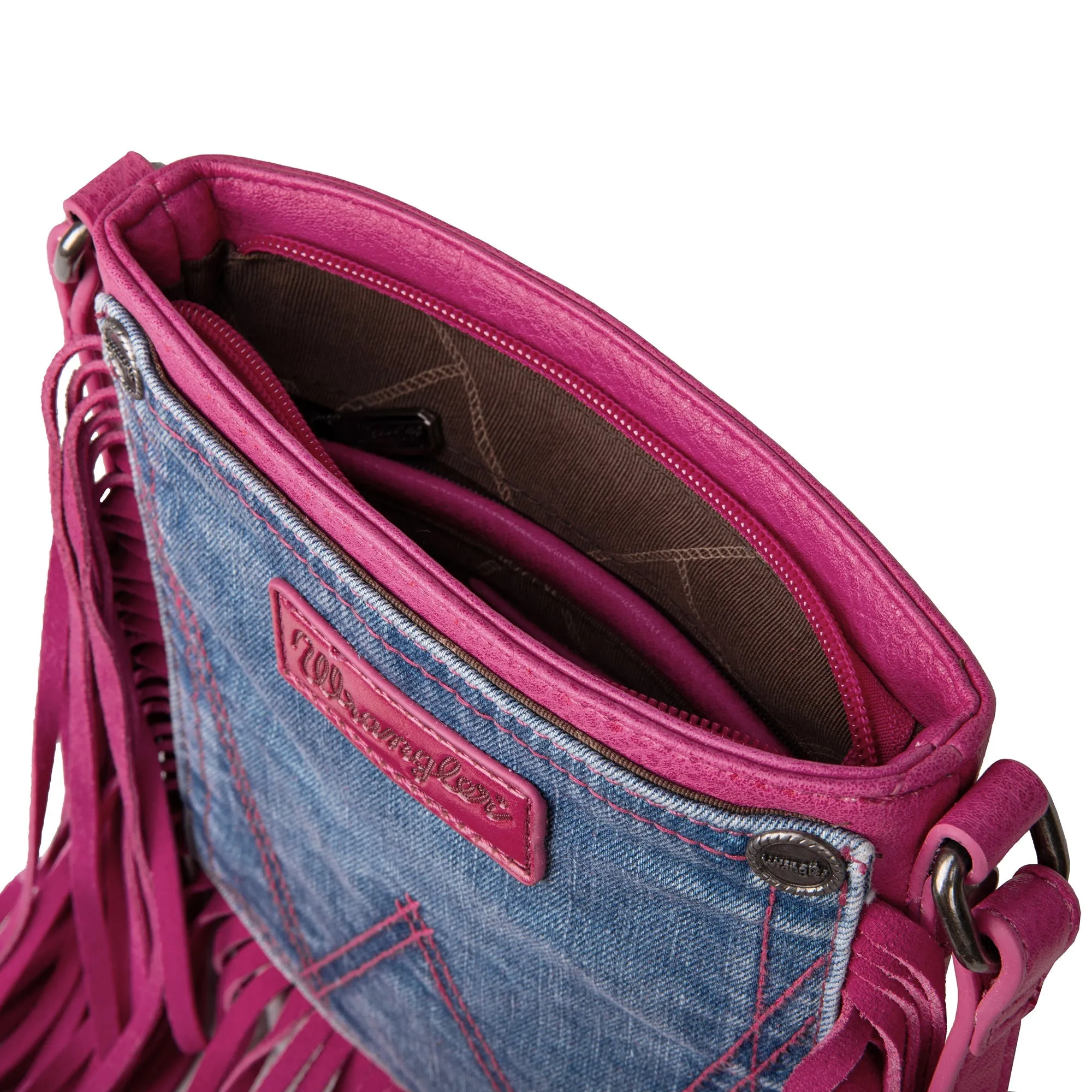 Wrangler Hot Pink Fringe Crossbody with Leather Accents