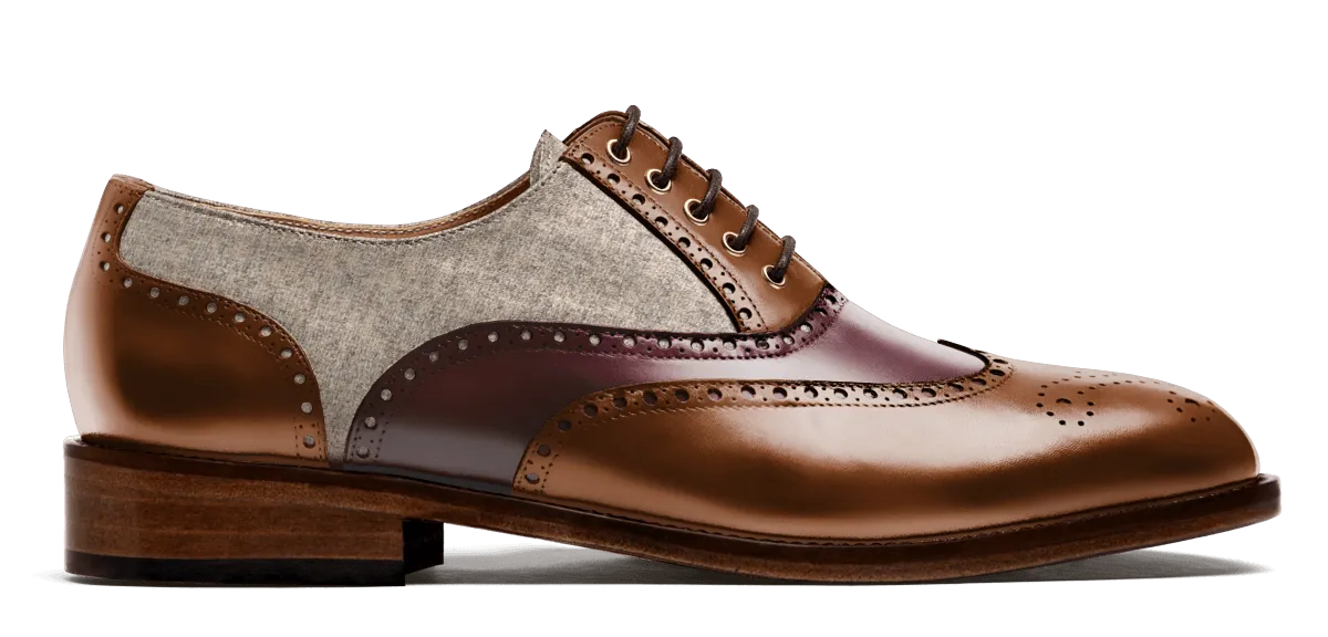  Zapatos Brogue en florentic y tweed burdeos, marrón y beige