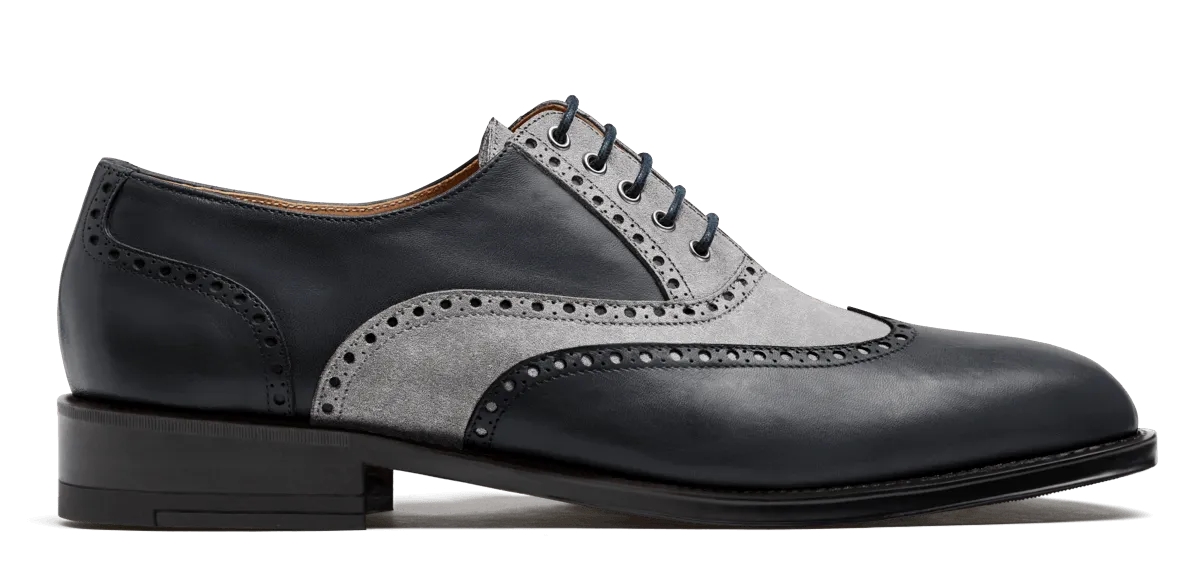  Zapatos Brogue en serraje y piel gris y azul