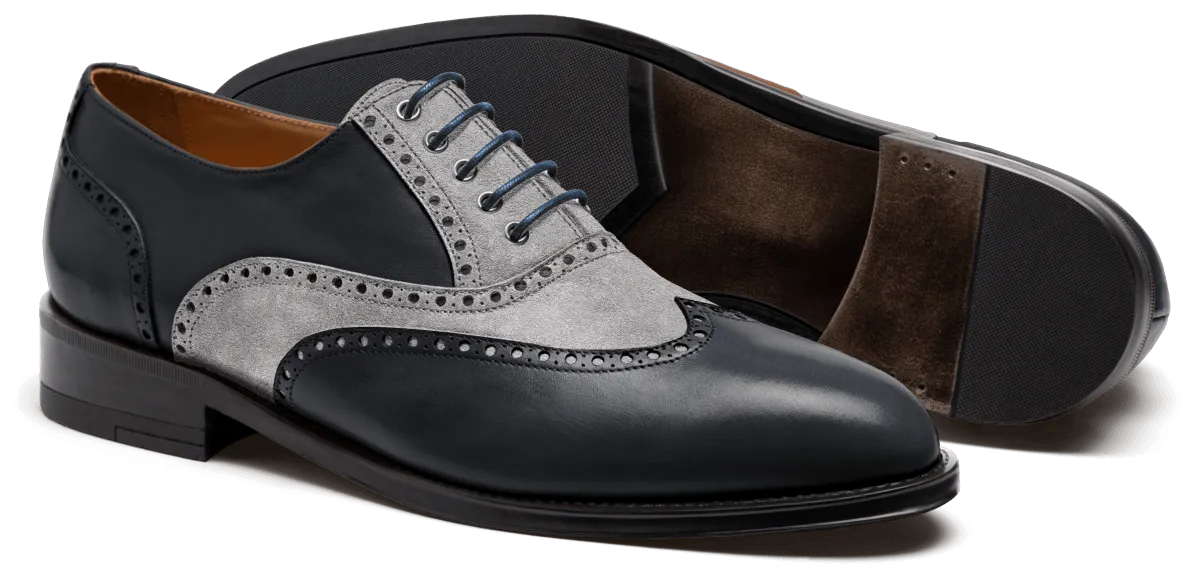  Zapatos Brogue en serraje y piel gris y azul