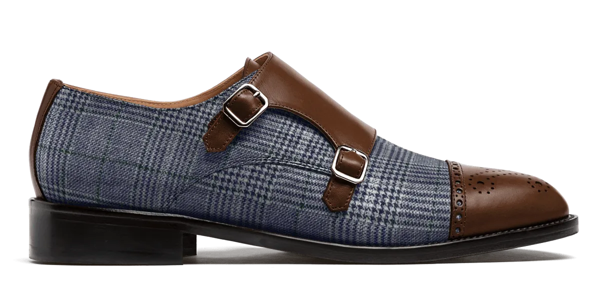  Zapatos quarter brogue en tweed y piel azul y marrón